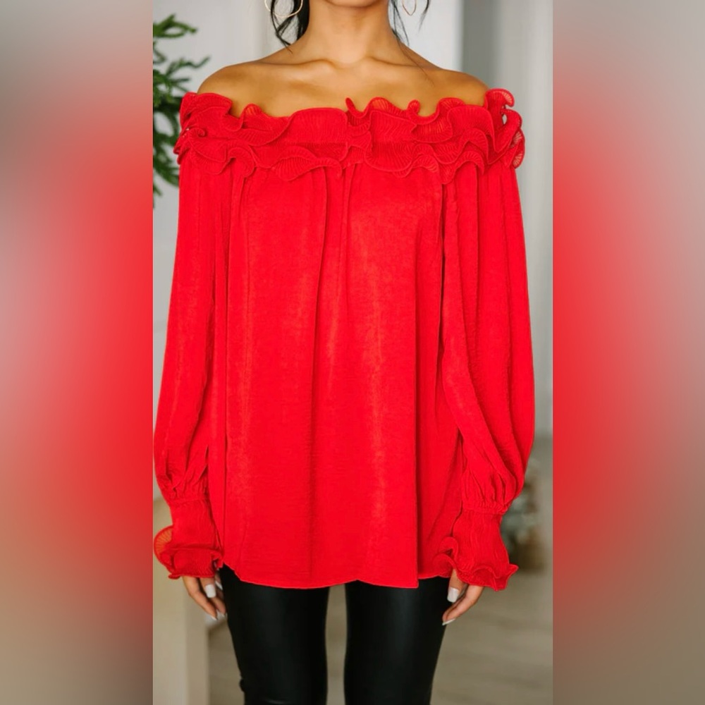Red Ruffle Off The Shoulder Long Sleeve Blouse | Flowing, Stunning | NWT | Small - Picture 3 of 9